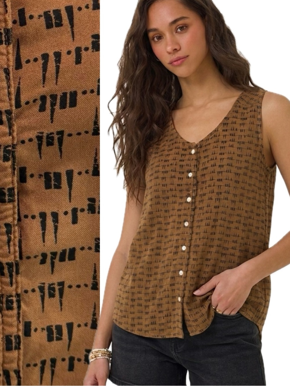 Kavu Geometric Aztec Printed Button Down Tank Top Womens Size XXS High Lo Hem